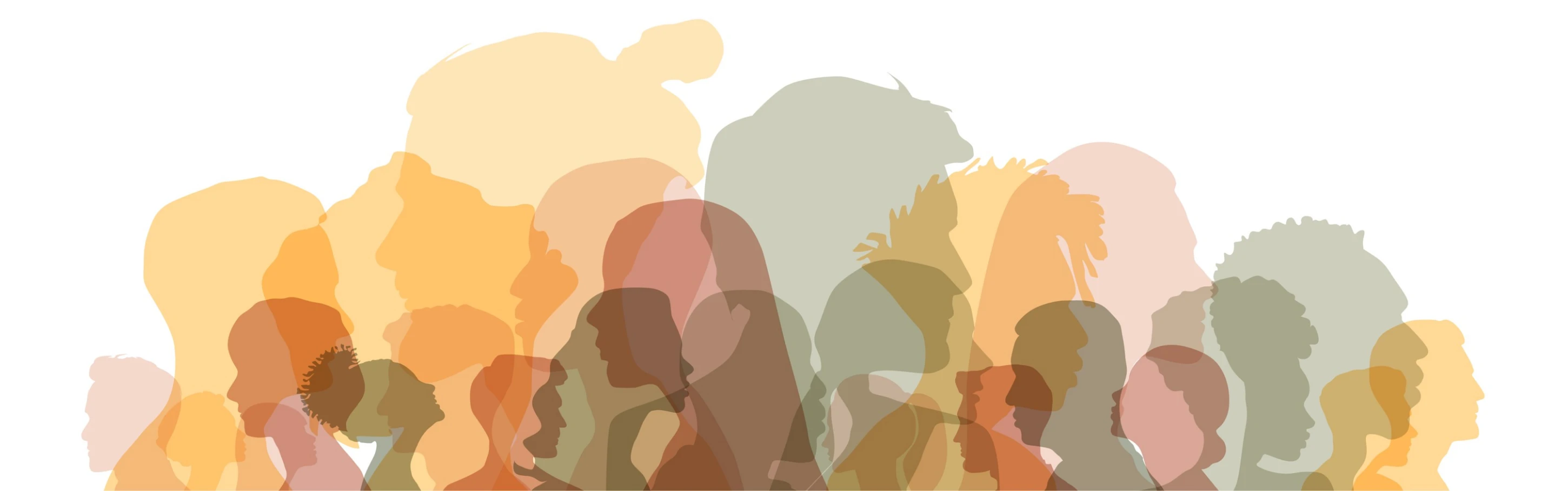Overlapping profile silhouettes of many people, in warm colours